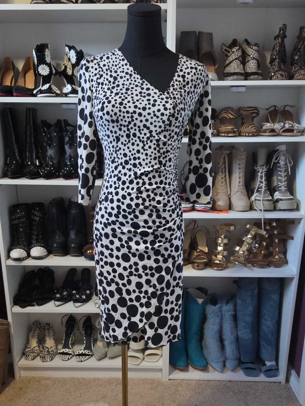 Joseph Ribkoff Black and White Polka Dot Faux-Wrap Midi Dress